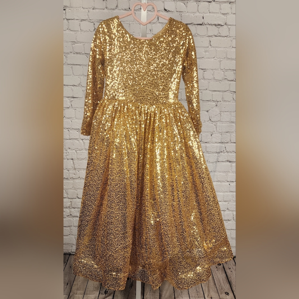 Gold Sequin Long Sleeve Floor Length Girls Dress